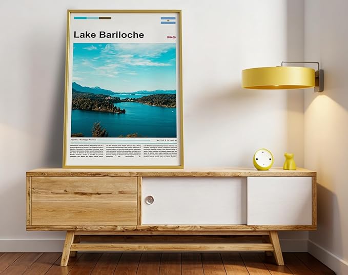 Poster Lake Bariloche Wall Art Original Design(30"x20" Golden Frame) Argentina Patagonia Landscape Print Andes Mountains Nature Scenery Nahuel Huapi Glacial View South America Travel Home Decor