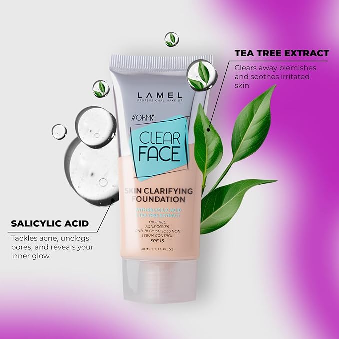 LAMEL Oh My Clear Face Full Coverage Foundation for Oily & Acne Prone Skin, Salicylic Acid & Tea Tree Extract, Anti-Blemish Sensitive Skin Care, Organic & Oil-Free, 403 Neutral, 40 ml / 1.35 fl.oz