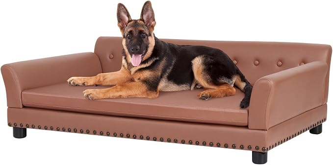 XL Leather Dog Sofa: Scratch Resistant Pet Couch up to 132lbs | Extra Large Luxury Modern Indoor Dog Furniture, Elevated Wooden Frame Doggie Lounge Bed, Replaceable Cover, Easy Clean