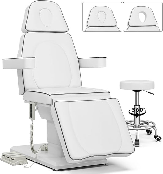Icoget Fully Electric Esthetician Bed Facial Chair with Stool, 4-Section Tattoo Bed Massage Table w/ 3 Motor Adjustments, Medical Aesthetic Chair for Waxing, Beauty, Microblading, Spa, White
