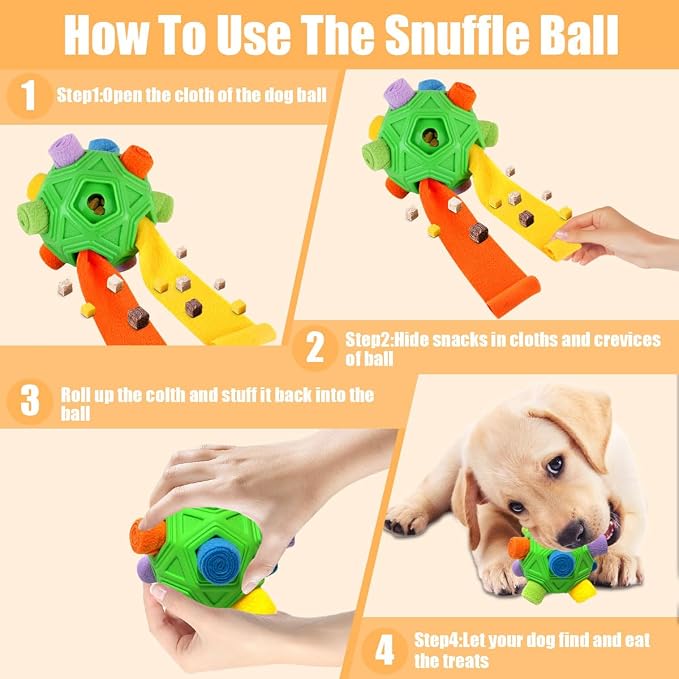 Dog Snuffle Ball-Interactive Puzzle Dog Toys Encourage Natural Foraging Skills Slow Feeder for Training and Stress Relief, Cloth Strip Hiding Food Dog Toys with Squeaky Carrot Toy for Any Size
