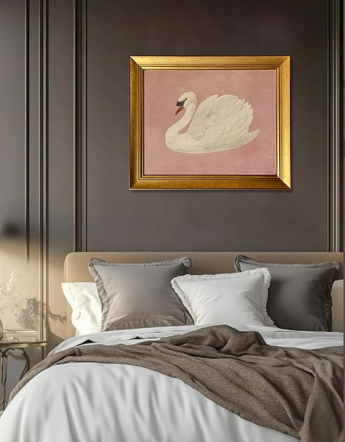 Vintage Gold Framed Wall Decor White Swan Canvas Print Farmhouse Pink Wall Art Cute Swan Painting Artworks for Girly Bathroom Decor Living Room Bedroom