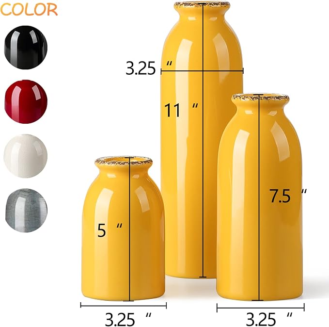 3Pcs Yellow Ceramic Vases, Decorative Vases for Modern Farmhouse | Neutral Pottery Decor for Table Mantel Entryway Bookshelf Living Room