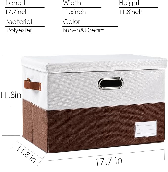 Foldable Storage Bins with Lids [3-Pack] Fabric Collapsible Storage Boxes Baskets Cubes Containers with Handles for Closet Living Room Bedroom (Brown & White 17.7x11.8x11.8'')