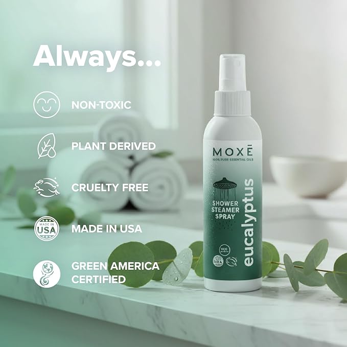 MOXE Eucalyptus Oil Shower Mist, Spa Steam Spray, Certified Natural 100% Essential Oils, Made in USA, Aromatherapy, Sinus Congestion Relief, Tension Relief (8oz)