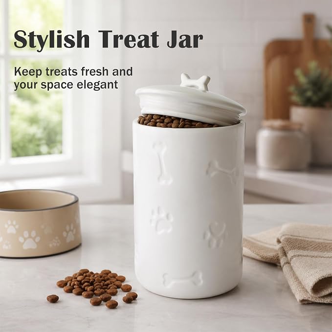Dog Treat Container Airtight - 9"x5" Ceramic Big Treats Jar with Lid(White)