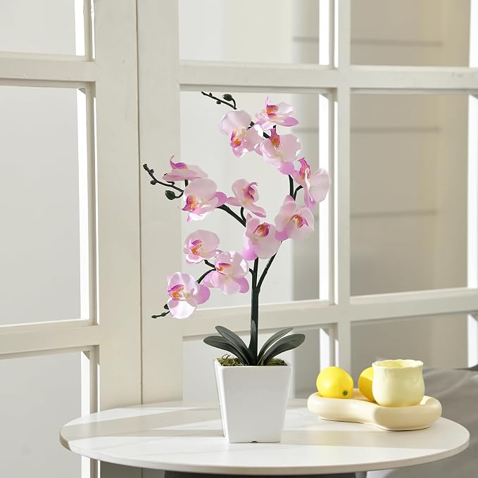15" Silk Phalaenopsis Orchid in Square Pot, Pink Shades Flower Arrangements | Lifelike Faux Potted Blooms with Moss in a Ceramic Planter. Looks Real, Zero Upkeep, Ideal Centerpiece for Any Table