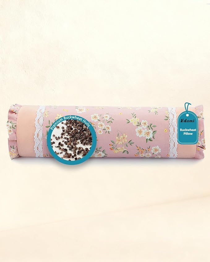 Firm Buckwheat Hull Neck Pillow – Cervical Support with Adjustable Fill 15.7"x4.7", Cervical Pillow for Pain Relief, Ideal for Sleep, Travel Meditation, Pink