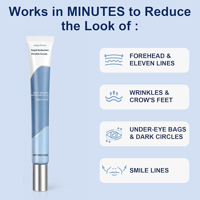 Under-Eye Bags and Wrinkles: Rapid-Reduction Serum, Instant Face Lift Cream. Anti-aging formula. Visibly reduces under-eye bags, wrinkles, dark circles, fine lines, and crow’s feet. 0.35 oz