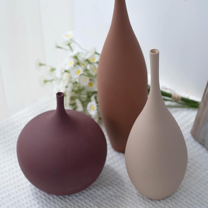 Relexome Ceramic Modern Vase Set of 3 Farmhouse Decorative Vase Minimalist Aesthetic Vases for Centerpieces Matte Ribbed Vases for Home Decor Table Entryway Living Room (Brown+Khaki+ Dark Red)