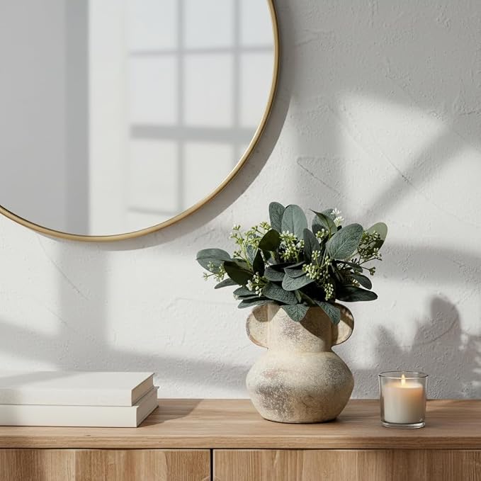 Emotionally Grounded Vase, Vaseking Ceramic Rustic Vase with 2 Handles, 6.1 inch Minimalist Decorative Farmhouse Vases for Home Decor, Living Room, Enterway, Table Decoration, Fired Terra Clay