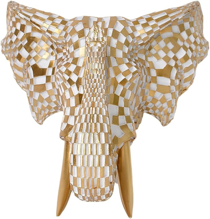 GIGICICI 9x7.8-Inch Vintage Mosaic Elephant Head Wall Sculpture Art Mount Statue for Room Bedroom Office Living Decor(White Gold)