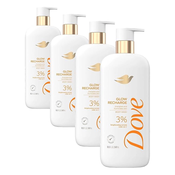 Dove Serum Body Wash Glow Recharge illuminates & Exfoliates skin with brightening Vitamin C Serum 18.5 Fl Oz (Pack of 4)