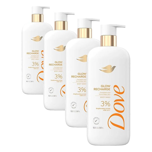 Dove Serum Body Wash Glow Recharge illuminates & Exfoliates skin with brightening Vitamin C Serum 18.5 Fl Oz (Pack of 4)