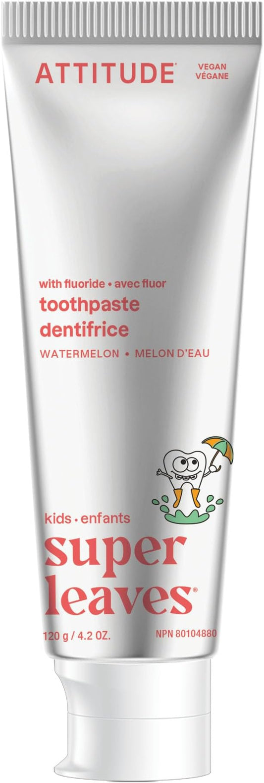 ATTITUDE Toothpaste with Fluoride, Prevents Tooth Decay and Cavities, Vegan, Cruelty-Free and Sugar-Free, Watermelon, 4.2 Oz