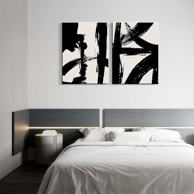 2Pcs Framed Abstract Black and White Canvas Wall Art Minimalist Brushstroke Line Prints Modern Home Gallery Style Painting Posters Picture Bedroom Living Room Office 16x24 Inch Ready to Hang