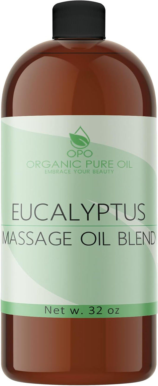 Eucalyptus Massage Oil Blend - Natural, Non-GMO, Eucalyptus Essential Oil Mix of Jojoba, Argan, Grapeseed & More - 32 oz Bulk - Soothing, Deep Tissue, Muscles, Sensual Relaxation