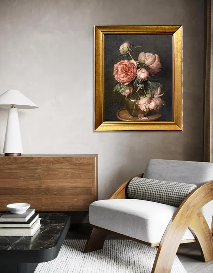 Gold Framed Pink Peonies Flower Oil Painting on Canvas Vintage Dark Floral Wall Art Farmhouse Picture Wall Decor Moody Canvas Print for Living Room Bedroom Bathroom Decor
