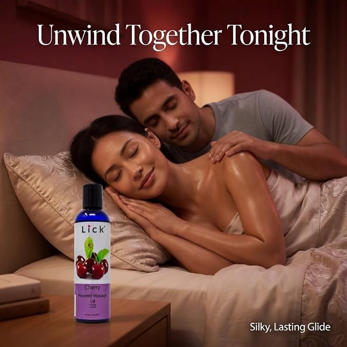 Lick Cherry Flavored Massage Oil – Bold Fruit Edible Massage Oil with Vitamin E, Rich Smooth Body-Safe Glide for Romantic Couples Massage Experiences, 4 oz