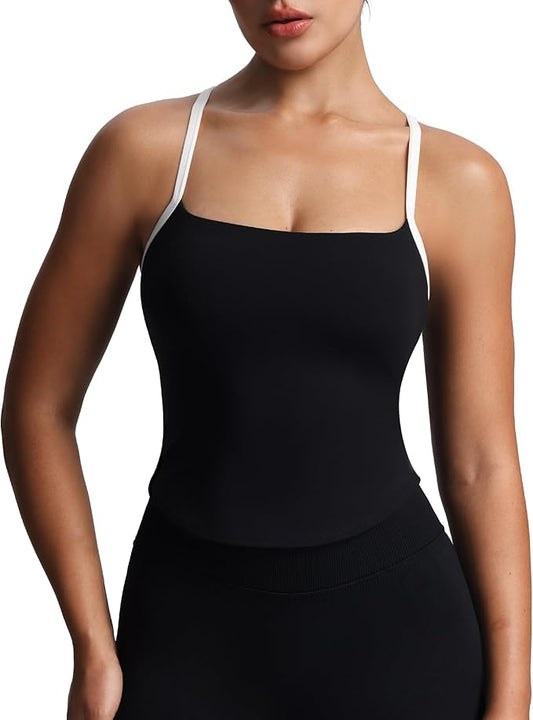 Aoxjox Women's Workout Sleeveless Color Block Lexi Tank Tops Contrasting Strap Cross Back Yoga Curve Longline Crop Top