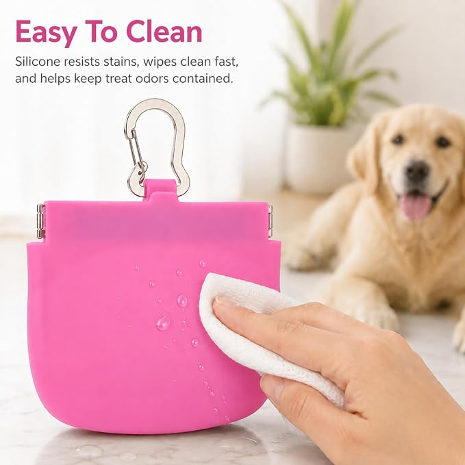 Silicone Dog Treat Pouch for Pet Training One-Hand Access One Cup Silicone Treat Bag with Pull Tab and Auto Closing Lid Treat Pouches for Leash(Color: Pink)