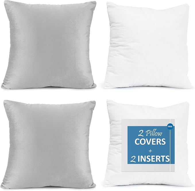 Throw Pillow Inserts Pack of 2 with Velvet Soft Solid Decorative Square Throw Pillow Covers Set for Sofa Couch Car Bedroom, 26X26 Throw Pillows Inserts with 24x24 Washable Cushion Covers, Light Gray