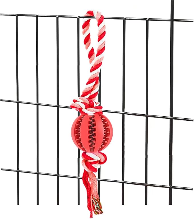 Engorgio Interactive Dog Chew Toys Crate Training Aids for Puppies, Puzzle Treat Dispenser with Rope Dogs Toy Ball Reduce Stress Anxiety Peanut Butter Dog Food Treat Dispenser Toys (Red)