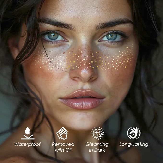 Glitter Freckles, 24PCS Glitter Freckles Face Tattoo, Sparkle Freckles for Women, Waterproof Gold Temporary Face Tattoos Glitter Glow Up Patches Makeup Patches (Gold 2Packs)