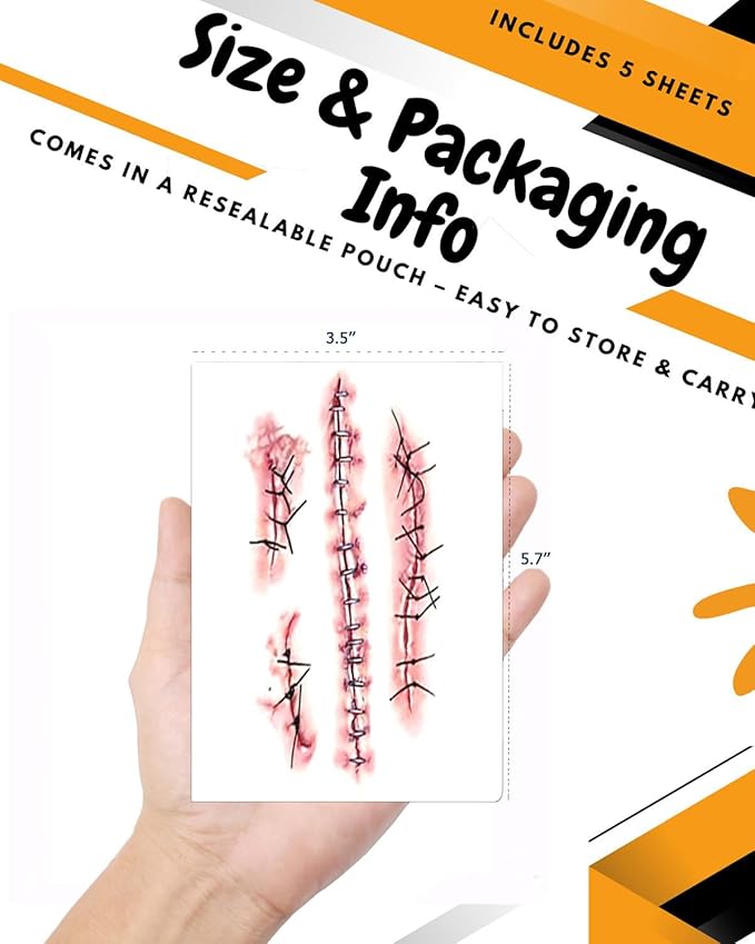 Horror Realistic Fake Bloody Wound Stitch Scar Scab Waterproof Temporary Tattoo Sticker Halloween Masquerade Prank Makeup Props (5 Sheets Stiching)