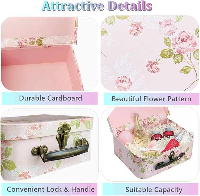 Paperboard Suitcases Set of 3 Decorative Storage Boxes With Lids, Gift Boxes With Lids For Presents, Compatible with Travel Dollhouses, Wedding Card Box or New Year Decorations (Pink Flowers)