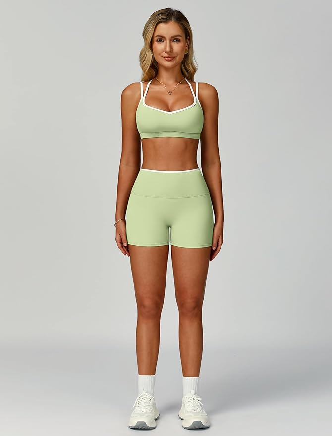 ABOCIW Workout Sets for Women 2 Piece Color Block Strappy Sports Bra High Waist Shorts Gym Yoga Pilates Outfits