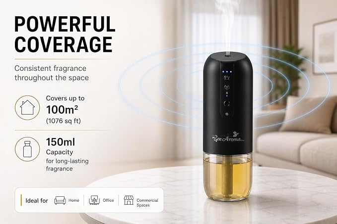 Cold Air Diffuser Machine for Home & Office – Waterless Aroma Diffuser, 150ml Capacity, Covers up to 100m², Bluetooth Control, Plug-in Hotel Style Scent System (Black)