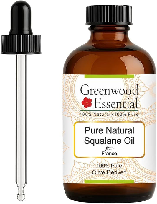 Greenwood Essential Natural Squalane Oil (derived from Olives) with Glass Dropper | Infused | Pure | Non-Sticky | Lightweight | For Skin & Hair | Natural | Unisex | All Skin Types | 120ml (4 oz)