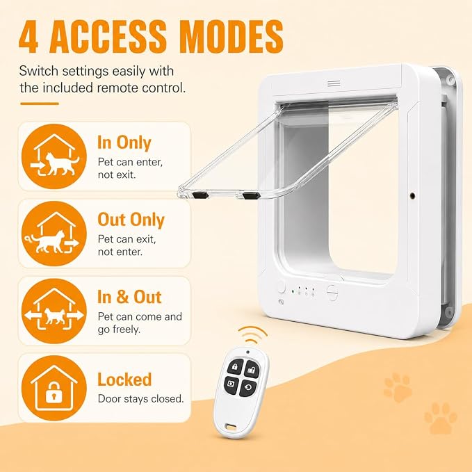 Smart Cat Door with Remote Control, White Pet Flap with 5 Collar Tag Keys, 4 Locking Modes, Selective Entry Door for Cats & Small Dogs