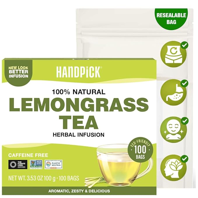 HANDPICK, Lemongrass Tea Bags (100 Count) Non-GMO, Caffeine Free - Quality Lemongrass Herbal Tea- Eco-conscious Round Tea Bags | Brew Hot or Iced Tea