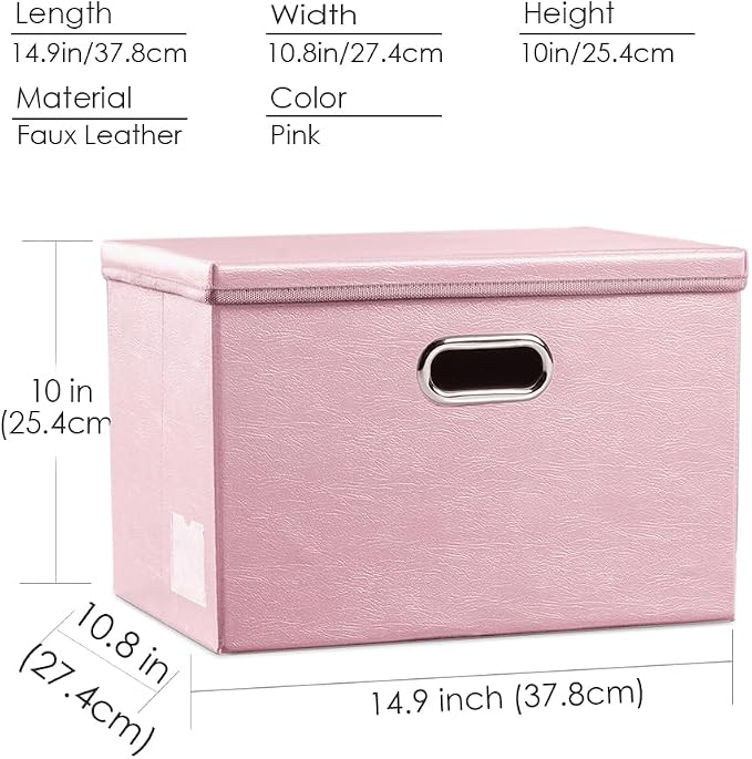 Foldable Storage Bins with Lids [5-Pack] Leather Fabric Collapsible Storage Boxes Organizer Containers Baskets Cube with Cover for Bedroom Closet Office Nursery Pink (14.9x10.8x10)