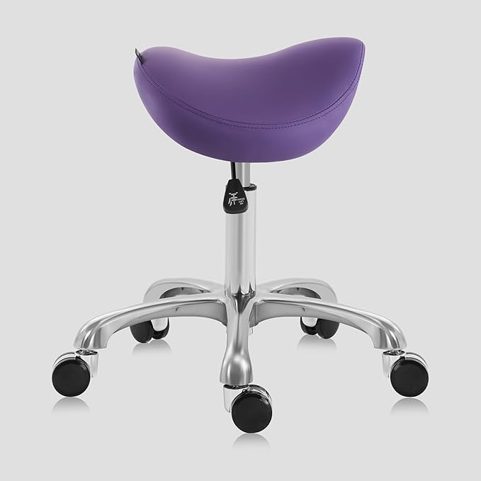 Ergonomic Saddle Stool Adjustable Pneumatic Swivel Rolling Saddle Seat Stool with Wheels for Medical Hygienic SPA Massage Salon Home and Office 506 Haku (English Violet)
