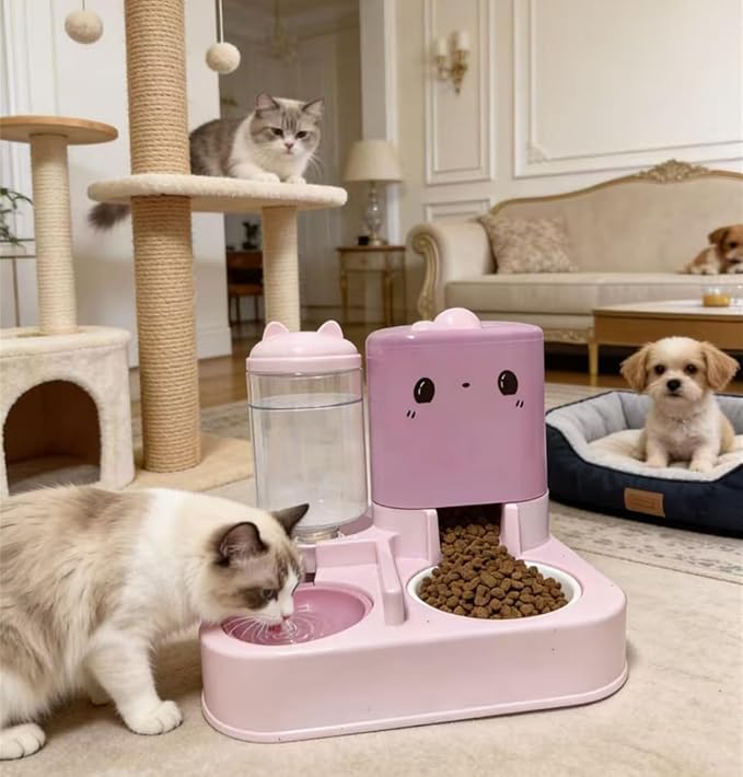Pet Automatic Feeder Cat Dog Feeding Bowl Food Water Dispenser with Refillable Storage Container Large Capacity Rabbit Feeder Watering Bowls (Pink)