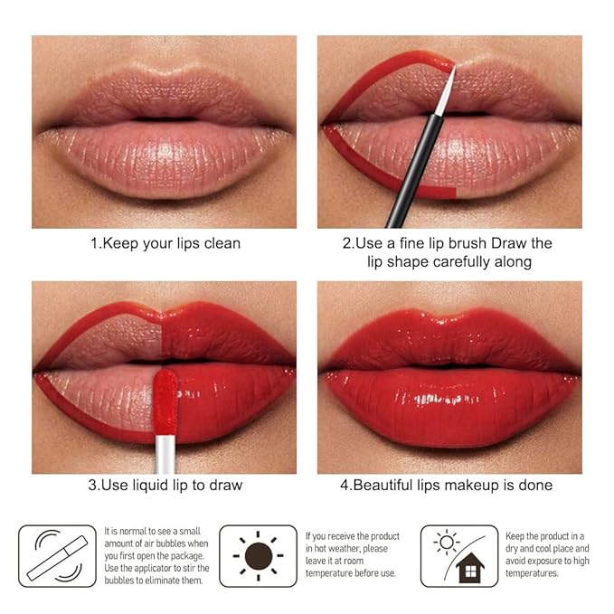 evpct Bright Fire Red Shiny Glossy Longwear No-Budge Liquid Lip Color Lipstick Makeup, Highly Pigmented Color Instant Shine, Waterproof Long Lasting Lipstick Women Lip Stain Gloss with Lip Liner Brush