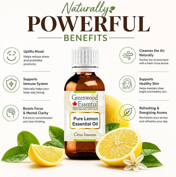 Greenwood Essential Pure Lemon Essential Oil (Citrus limonum) Steam Distilled 5ml (0.16 oz)