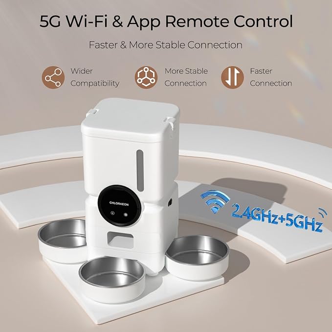 Automatic Cat Feeder for 3 Cats, 6L 5G WiFi Feeder, Slow Feed, Warm White | 3-bowl system with app scheduling, 15-day battery backup, stainless steel bowls, and sealed freshness protection.