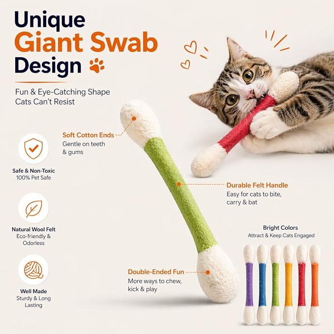 Giant Catnip Cat Toys for Indoor Cats, 6 Pack Interactive Cat Toy, Oversized Cotton Swab Design, Kitten Toys for Boredom Relief, Exercise & Play