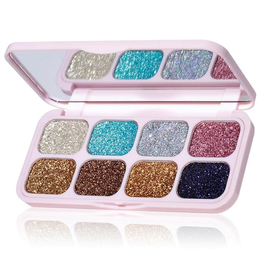 8-Color Glitter Eyeshadow Palette, Star Diamond Glitz, High Shine Metallic & Sparkle Shades, Long-Lasting Waterproof Eye Makeup, Smooth Blendable Powder for Party & Night Look
