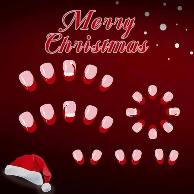 Christmas Press on Nails Red French Tip Fake Nails with Hat Design Short Almond Glue on Nails Glossy Full Cover Artificial Acrylic False Nail Xmas Stick on Nail for Women Manicure 24Pcs