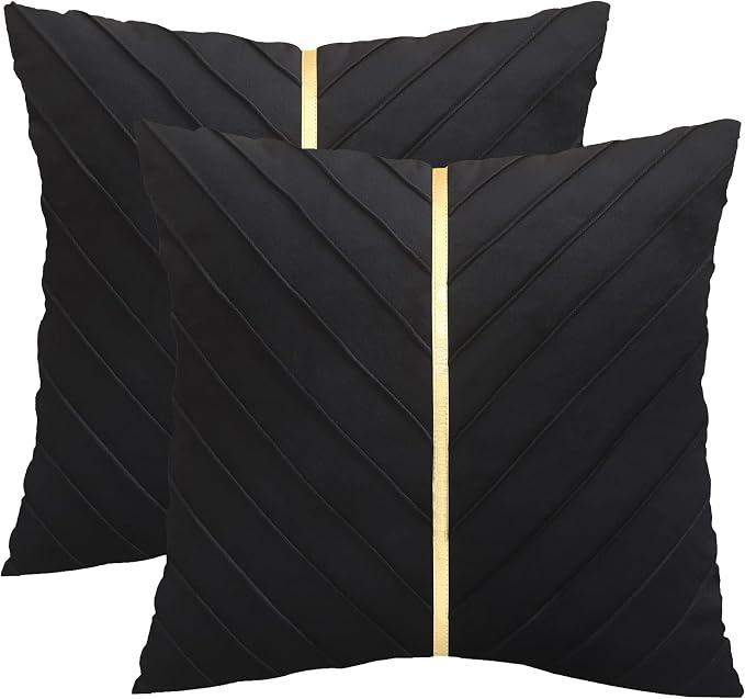 Velvet Throw Pillow Covers 16x16 inch Pack of 2 Gold Decor Black | Soft Solid Pillow Covers,Modern Luxury Home Decor,for Couch Chair Sofa Bedroom Livingroom,Hidden Zipper,Ideal Gift,Easy Care