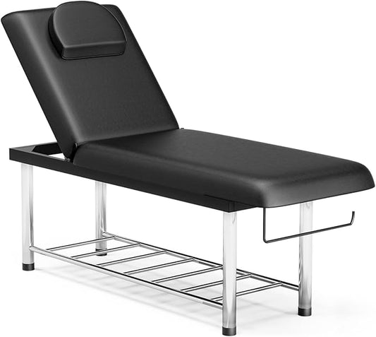 SyyBhb Professional Stationary Massage Table, 550lbs Heavy Duty Wide Exam Bed for Treatment, Backrest Adjustable, Removable Headrest, Bottom Shelf Storage and Towel Hook, Black