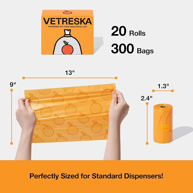 VETRESKA Citrus Scented Dog Poop Bags, 300 Counts, Leak Proof | Extra Thick and Large Pet Waste Bags for Dogs Walking and Cat Litter, 20 Refill Rolls