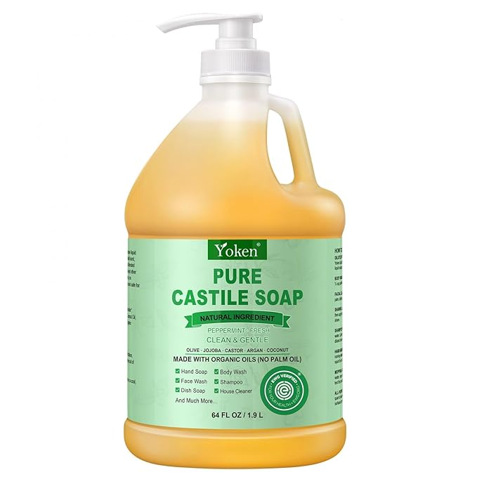 Yoken Peppermint Castile Soap Liquid 64 OZ, EWG Verified Made with Certified Organic Oils, Gentle Peppermint Soap for Body Wash, Face, Hands, Dishes, Laundry & More, Vegan Organic Versatile Cleanser
