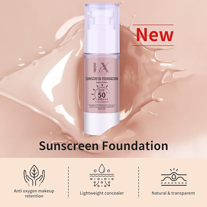 Tinted Face Sunscreen - Waterproof & Lightweight Liquid Foundation with SPF 50++, 3-in-1 Full Coverage Foundation Smooths & Blurs Pores, 107 Light