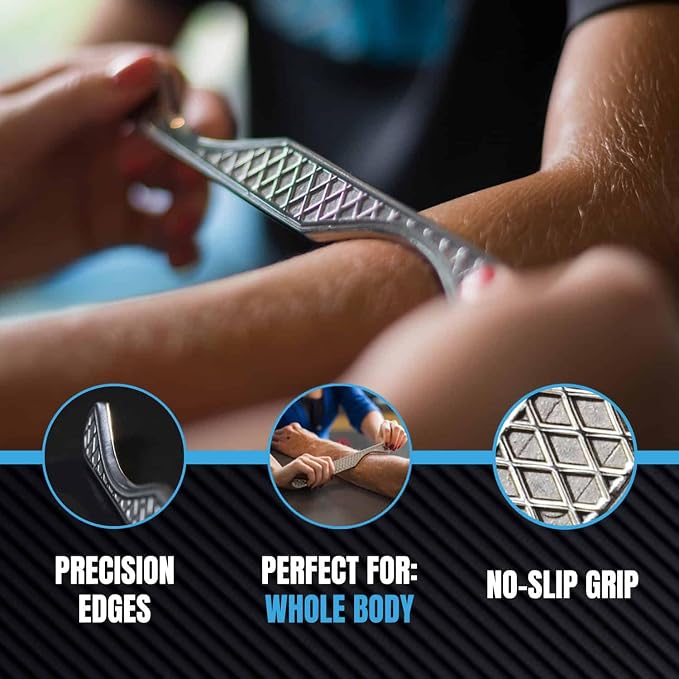 HawkGrips, Introductory Massage Therapy Tool Set with Massage Emollient 8oz, Stainless Steel, Includes Roll-Up Carrying Case, Medium Multi-Curve, Dual-Edge Tongue Depressor, and Scanner Massage Tool